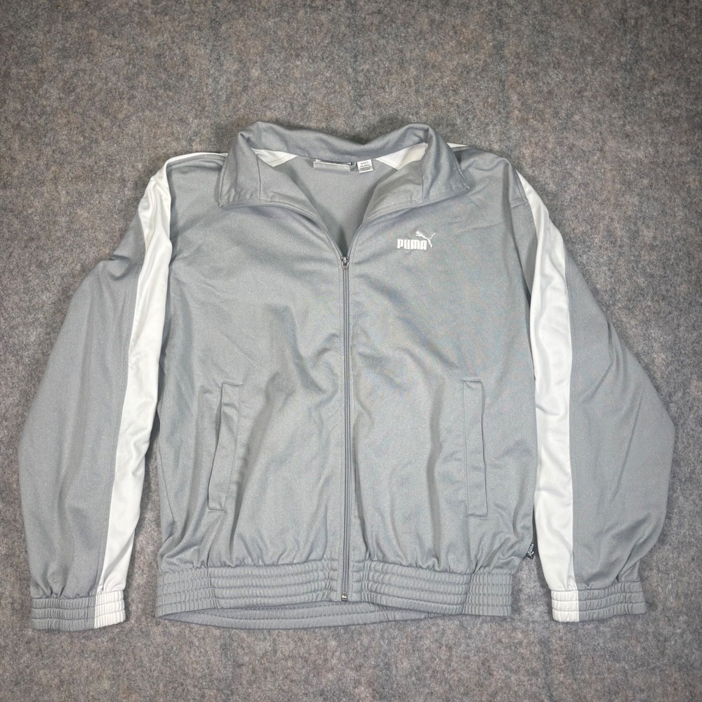 Puma T7 Track Jacket Mens M Grey White‎ Full Zip Up Stripe Logo Sportswear